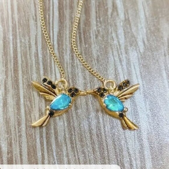 18k Gold Plated Blue Diamond Hummingbird Drop Earrings - Picture 3 of 4